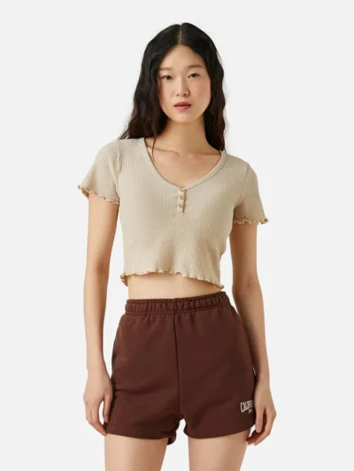 Ribbed Short Sleeves Cropped Top - gray