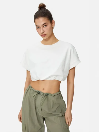 Elastic Waist Cotton Short T-shirt - white